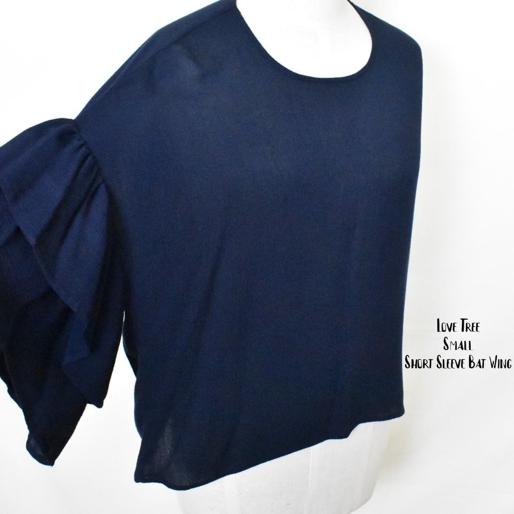 LOVE TREE Top Blouse S Navy Blue Short Sleeve Bat Hand Wash